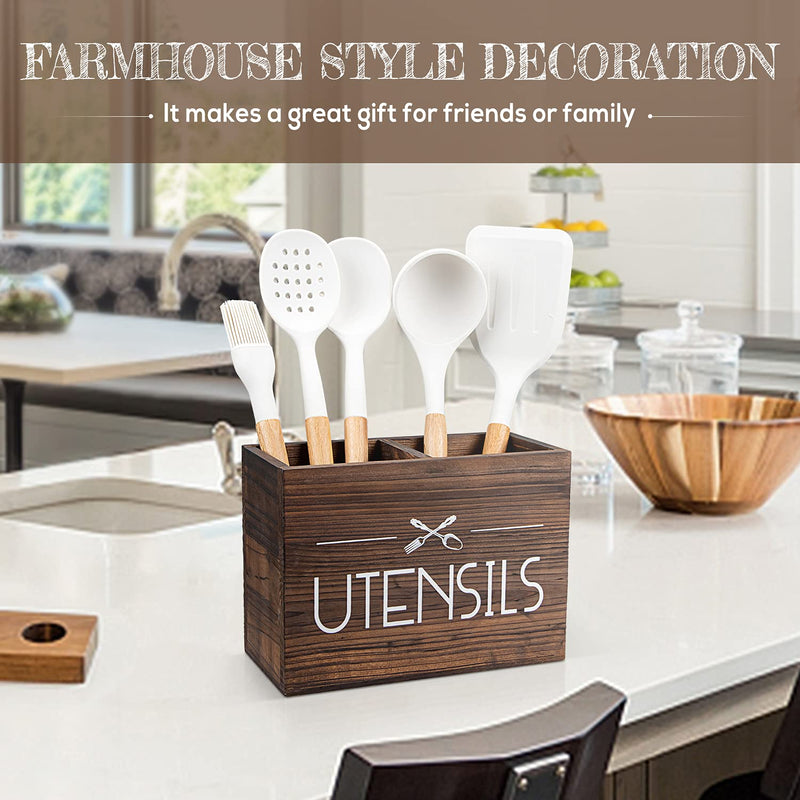 [Australia] - PUERSI Wooden Kitchen Utensil Holder, Utensil Organizer for Countertop, Rustic Wood for Farmhouse Kitchen Decor, Farmhouse Utensil Caddy with 2 Compartments (Brown) 