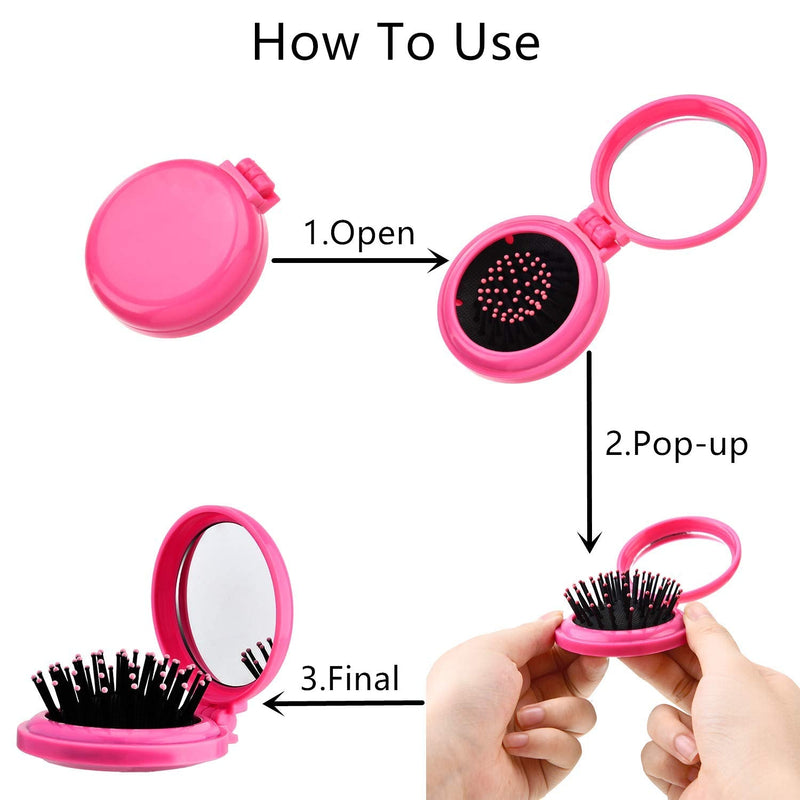 [Australia] - 4 Pcs Round Travel Hair Brush with Mirror Folding Pocket Hair Brush Mini Hair Comb Compact Travel Size Hair Massage Combor for Women and Girls 