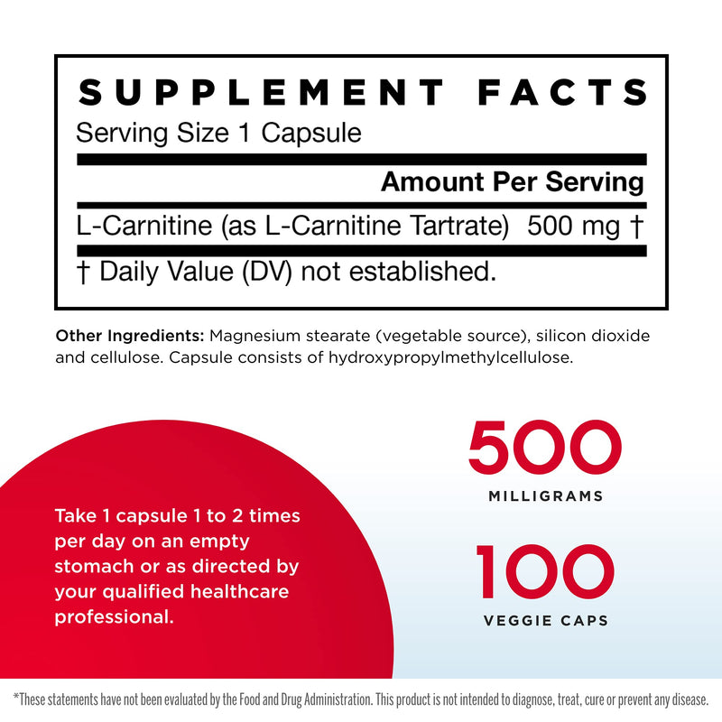 [Australia] - Jarrow Formulas Important Cofactor for Energy Production (ATP) From Fat as L-Carnitine Tartrate, White, 100 Count 100 Count (Pack of 1) Capsules 