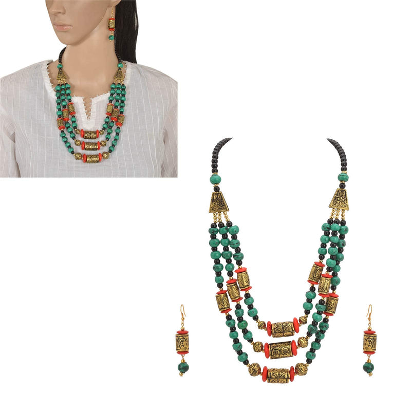 [Australia] - Zephyrr Tibetan Jewelry Beaded Multi Strand Mosaic Necklace Earring Set Statement Women Jewelry 