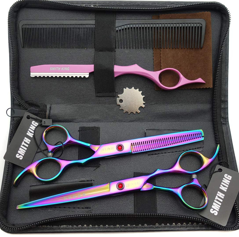 [Australia] - 7.0 inch hair scissors set Hair cutting scissors & thinning scissors with razor combs in 1 set (Rainbow) 
