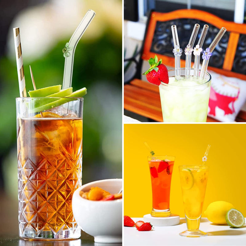 [Australia] - 4 PCS Reusable Glass Straws,8mm Glass Drinking Straws with Cleaning Brushe Bent Drinking Straws with Flower for Smoothies, Beverages, Shakes, Juices Style A 