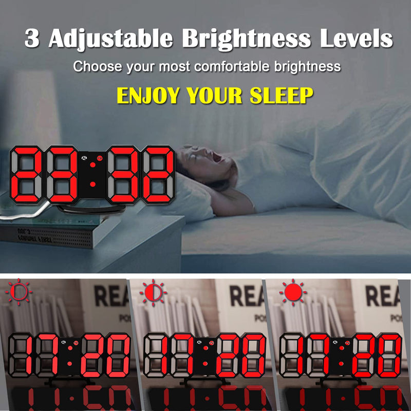 [Australia] - EAAGD 3D LED Night Light Digital Alarm Clock, 8.4" Alarm Clocks for Bedrooms, 0-100% Dimmer, 12/24H, Snooze for Office Bedroom Nightstand Desk (Black/Red) Black/Red 