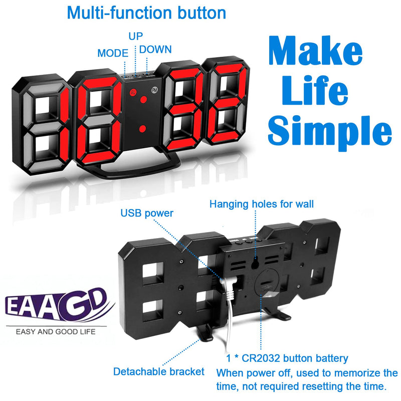 [Australia] - EAAGD 3D LED Night Light Digital Alarm Clock, 8.4" Alarm Clocks for Bedrooms, 0-100% Dimmer, 12/24H, Snooze for Office Bedroom Nightstand Desk (Black/Red) Black/Red 
