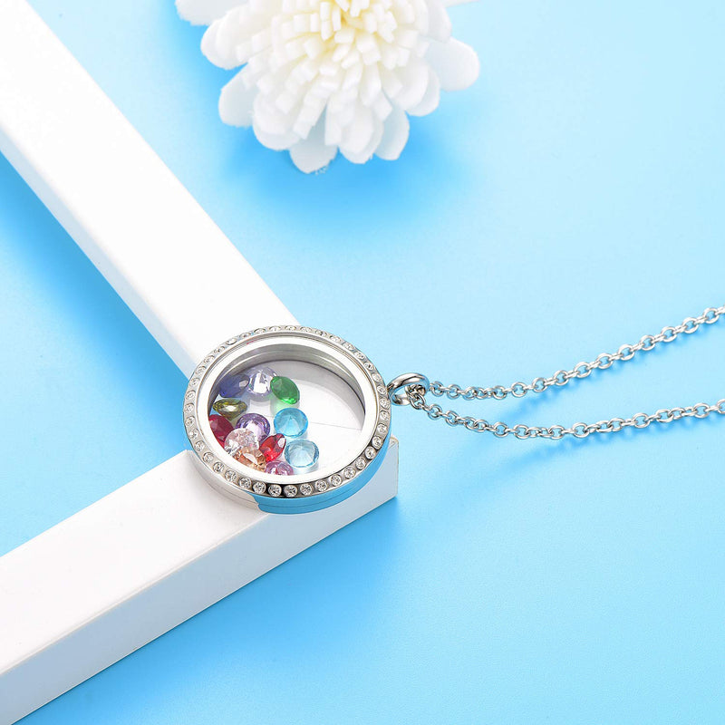 [Australia] - EVERLEAD Stainless Steel Living Memory Floating Charms Locket Necklace with Czech Crystals 20.0 Millimeters 