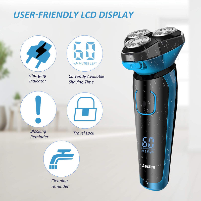 [Australia] - Aesfee Electric Shavers for Men IPX7 Waterproof Wet and Dry, Mens Electric Razors Cordless USB Rechargeable Rotary Shaver with Pop-up Trimmer and Travel Lock, Blue 