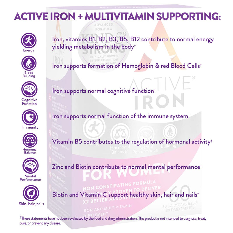 [Australia] - Active Iron Women with Active Multivitamin | 30 Iron Capsules & 30 Active Multivitamins | Iron Supplement | High Strength B Vitamins | Non-Constipating | 1-Month Supply 
