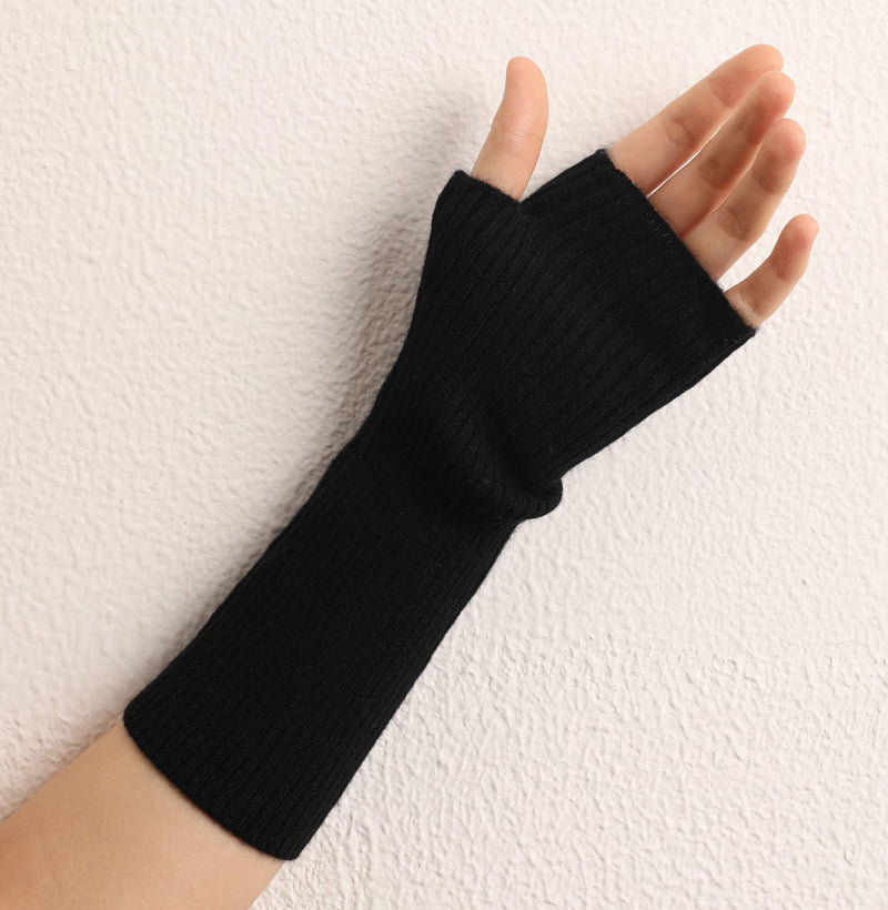 [Australia] - Prettystern mid-length Woman cashmere wrist warmers arm cuff fingerless rib knit gloves length ca. 11.0" Black 