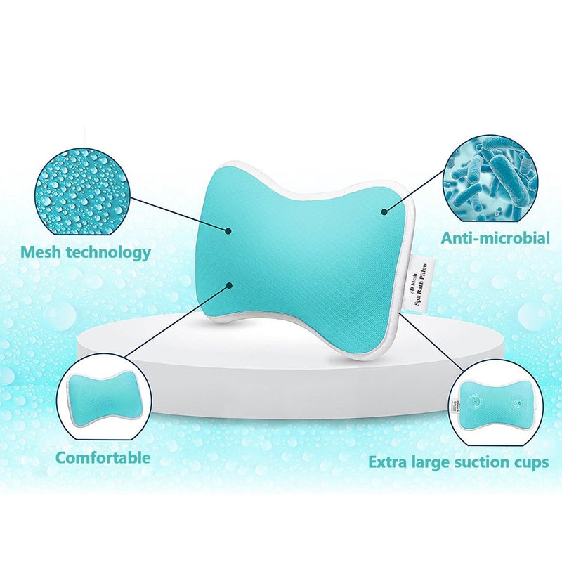 [Australia] - Bath Rest Non-Slip Bath Pillow with Suction Cups, Supports Neck and Shoulders for Home Spa, Bathtub, Hot Tub, Anti Bacterial, 3D Mesh Fabric Extra Durable Comfortable Pillow, Blue 