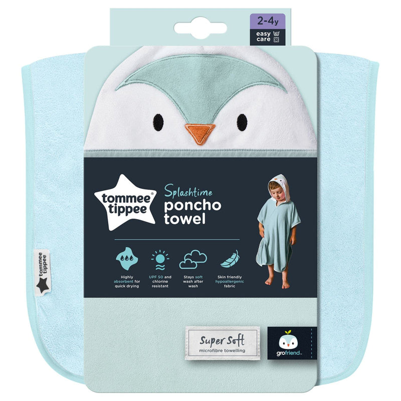 [Australia] - Tommee Tippee Splashtime Hooded Poncho Towel, Highly Absorbent and Super Soft Microfibre Material, Hypoallergenic, 2-4 Years, Percy the Penguin Grofriend, Blue 