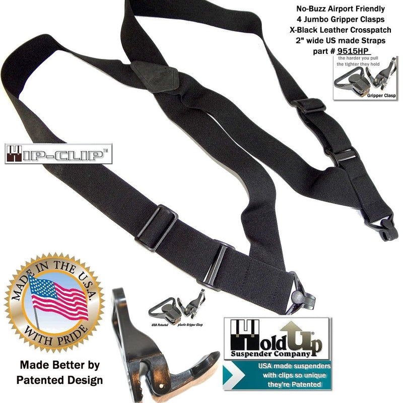 [Australia] - Airport Friendly Holdup Brand No-buzz Black 2" wide Hip Clip Suspenders with patented Jumbo Composite Plastic Gripper Clasps 