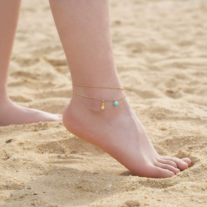 [Australia] - Estendly Dainty Fruit Double Layered Anklet Beads Ankle Bracelet Minimalist Summer Beach Anklet for Women Layer - Pineapple & Beads 