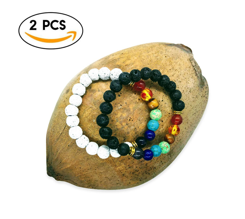 [Australia] - Smimouboutik Chakra Bracelet [2 PCS] + bag | Chakra book sent upon request only | Lava stone for all wrists - Men Women Stress Relief Reiki Yoga Diffuser Semi Precious 
