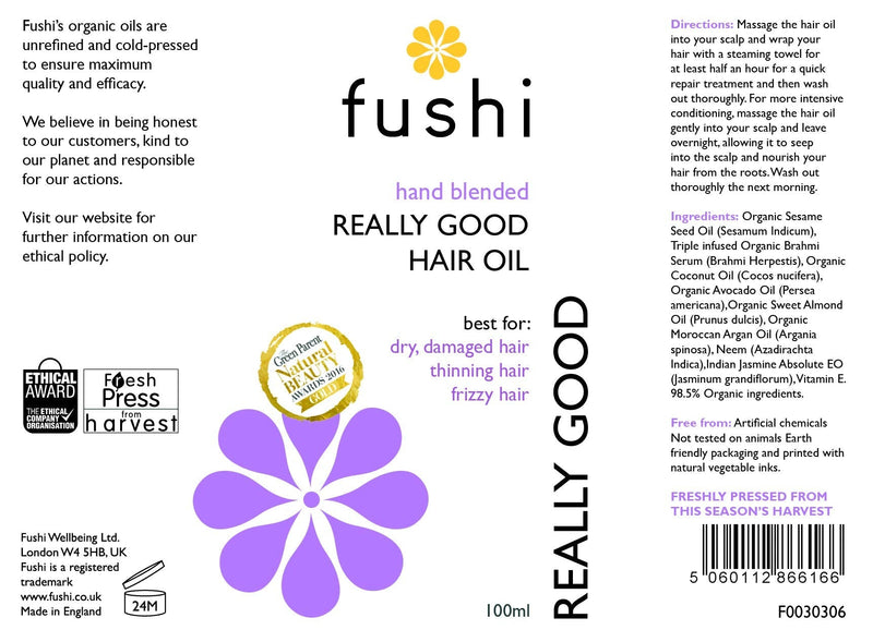 [Australia] - Fushi Really Good Hair Oil 100 ml | Rich in Antioxidants | Best for Dry & Damage Hair, Thinning Hair, Frizzy Hair | Ethical & Vegan Society Approved | Manufactured in the UK 