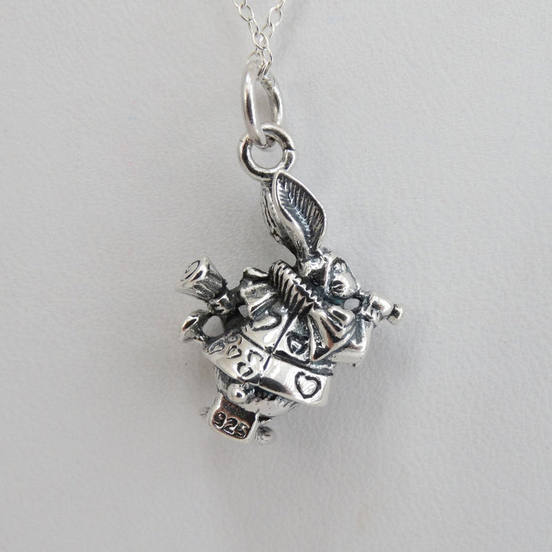 [Australia] - FashionJunkie4Life Sterling Silver 3D White Rabbit Charm Necklace, 18" Chain, Alice in Wonderland Character 