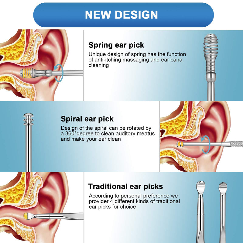 [Australia] - 8Pcs Ear Pick Ear Wax Removal Kit, Earwax Removal Tool, Ear Cleansing Set, Ear Curette Ear Wax Remover Tools with a Cleaning Brush and Storage Box, Medical Grade, for Ear Adult and Kid, Silver 