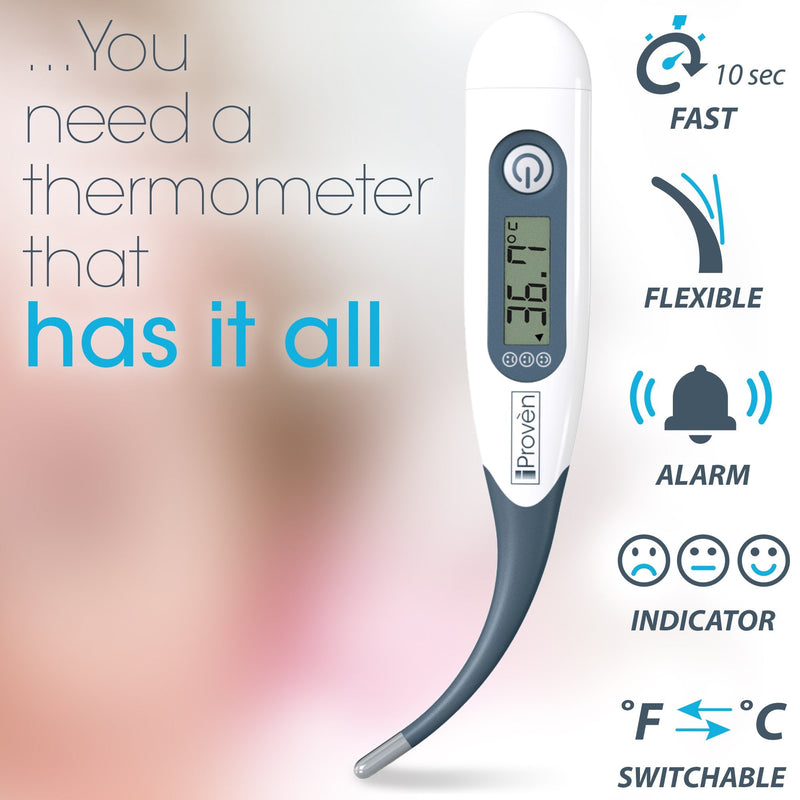 [Australia] - iProven Oral Thermometer, Measures in 10 Seconds with Flexible tip and Fever Alarm, Digital Medical Thermometer for Adults, Kids and Toddlers - DTR-1221A Grey 