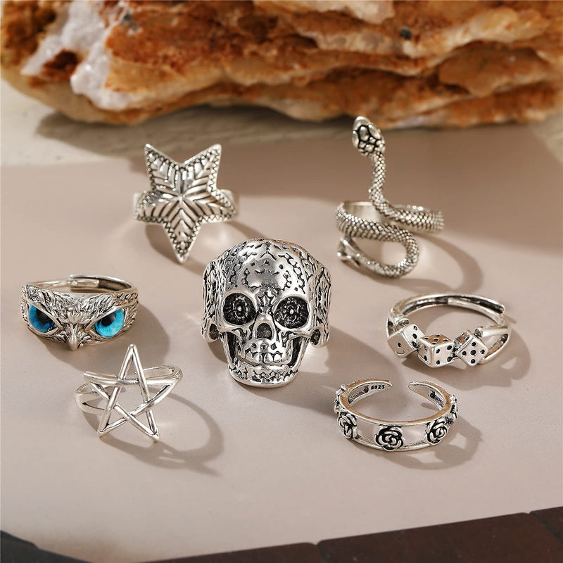 [Australia] - Statement Silver Punk Rings for Women Men,Vintage Bulky Rings, Alt rings,Hippie ring set,Cool Gothic Ring Set,Adjustable Open Stacking Ring, Skull Snake Star Flower Heart Eboy Emo Ring 7 