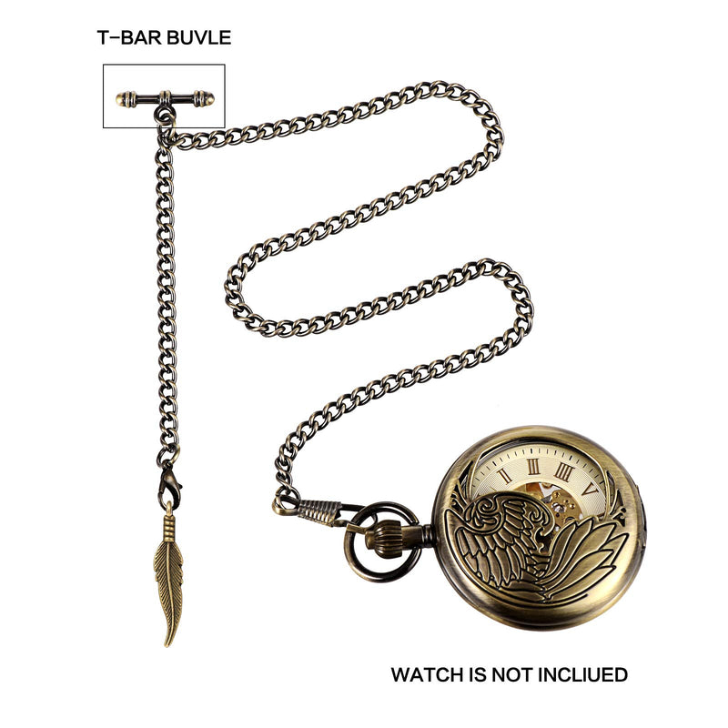 [Australia] - TREEWETO Men's Albert Chain Pocket Watch Curb Link Key Chain 2 Hooks with Antique Leaf Pendant Charm Design Copper Fob T Bar Bronze 