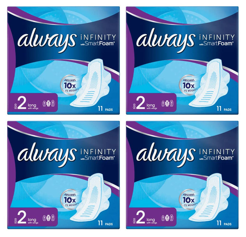 [Australia] - Always Infinity Long (Size 2) Sanitary Towels with Wings, 11 per Pack (Pack of 4) Size 2 (Pack of 44) 
