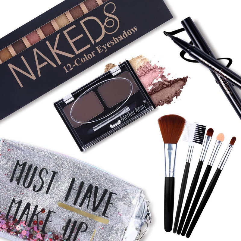 [Australia] - All in One Makeup Gift Set -12 Colors Eyeshadow Palette + Waterproof Black Eyeliner Pencil + Duo Pressed Eyebrow Powder Kit + 5 Brushes and Quicksand Silver Cosmetic Bag 