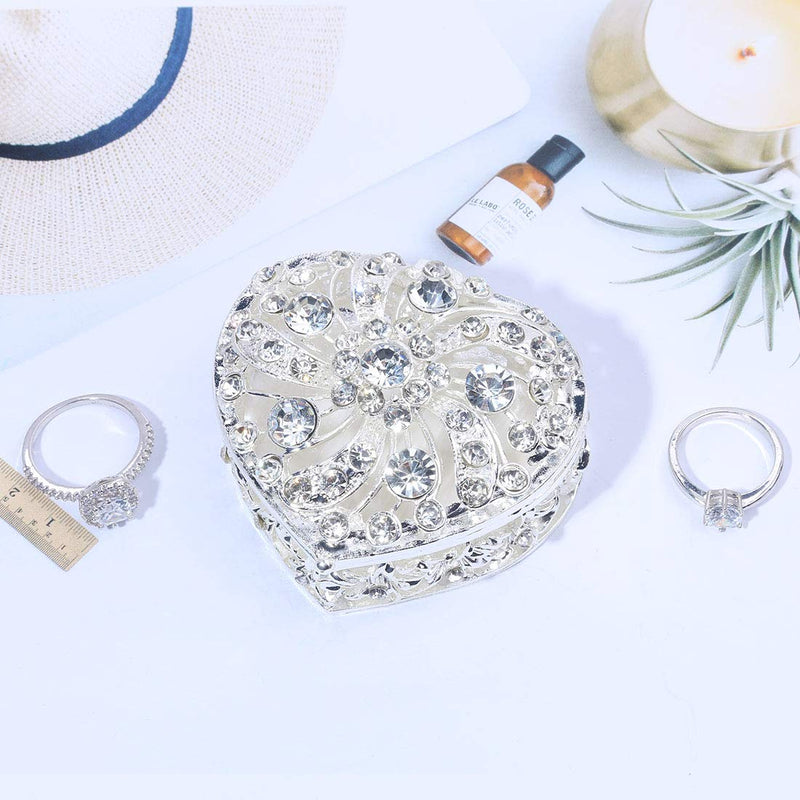 [Australia] - Classic Vintage Antique Heart Shape Jewelry Box Ring Small Trinket Storage Organizer Chest Christmas Gift, Silver 
