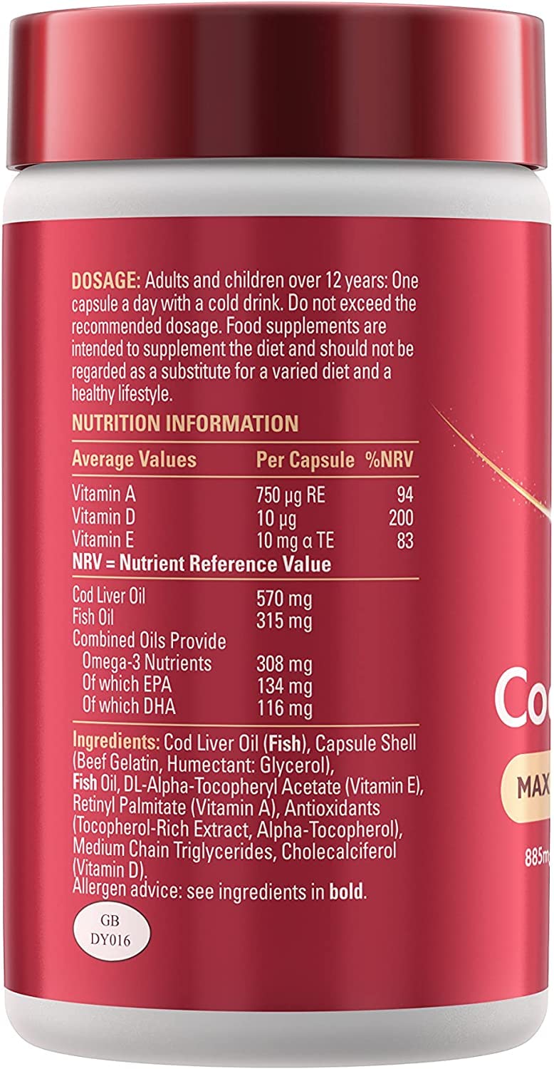 [Australia] - Seven Seas Cod Liver Oil Tablets, Maximum Strength, 885 mg Cod Liver Oil & Fish Oil, 308 mg Omega-3, 60 Capsules With Vitamin D, EPA & DHA Cod Liver Oil Maximum Strength 