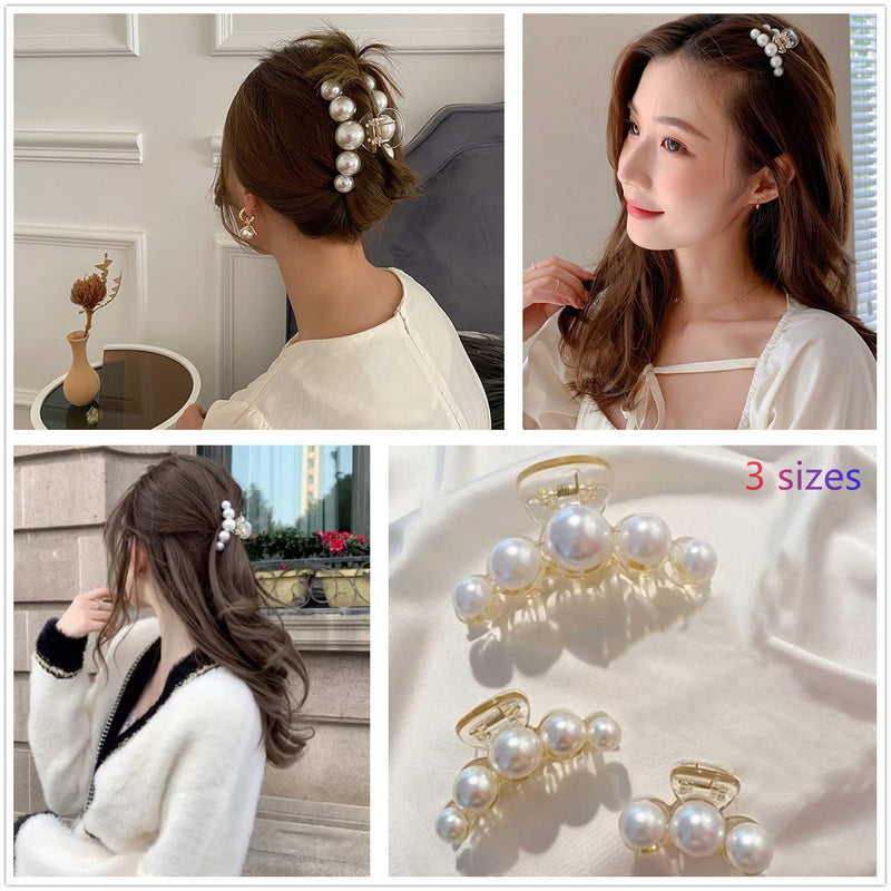 [Australia] - Pearl Hair Claw Clips for Women, Large Pearl Hair Grip, Big Hair Clips for Thick/Fine Hair, Pearl Hair Slide Hairdressing Clips Long Hair Accessories for Women/Girl(3 pcs,3 Size) 