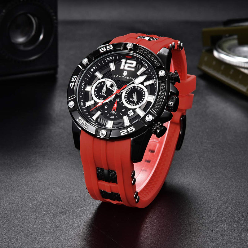 [Australia] - Watches for Men SAPPHERO Multifunction Chronograph Sport Mens Watch with Silicone Strap 3ATM Waterproof Analog Quartz Movement Fashion Business Design Best Gifts for Men red 