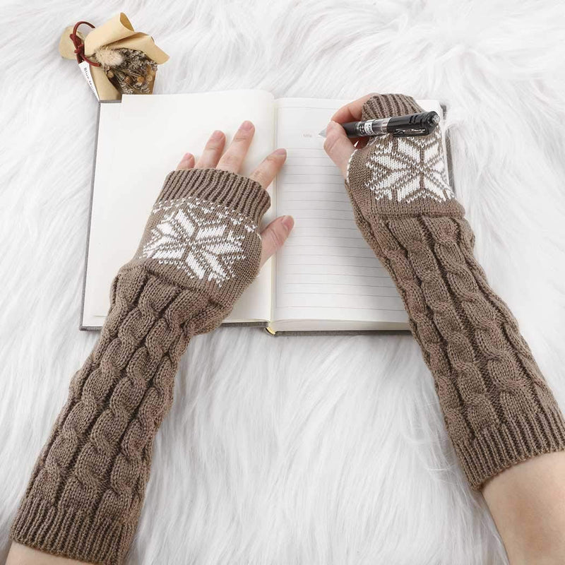 [Australia] - Urieo Winter Arms Warmers Khaki Acrylic Fibres Knit Warm Thumb Hole Gloves Mittens Decorative Pattern Cozy Long Fingerless Gloves for Women and Girls 