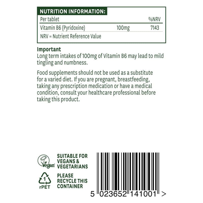 [Australia] - Natures Aid Vitamin B6 100 mg, Pyridoxine, Suitable for Vegans, 100 Tablets Single 