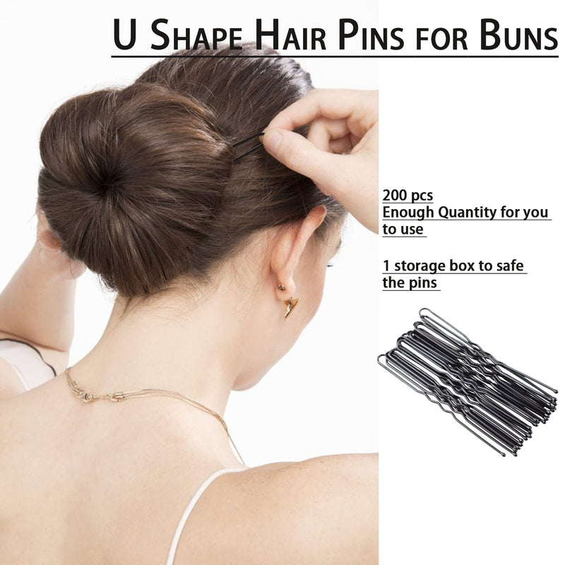 [Australia] - 200PCS Hair Pins for Buns,Black Hair Grips U Shape Bobby Pins, Bun Clips for Long Hair Thick Hair, Hair Accessories for Women Bun Maker for Wedding, Bride,Hairdressing, with Storage Box (Black) Black 