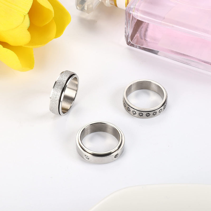 [Australia] - FINREZIO 6Pcs Stainless Steel Spinner Rings Set for Women Mens Moon Star CZ Matte Flower Triple Interlocked Rolling Stress Relieving Ring Anxiety Relief Fidget Band Rings 5 