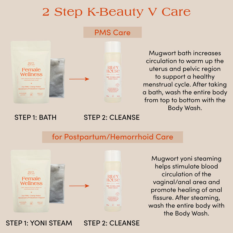 [Australia] - Riley House V Balancing Set - 1 Time to Wellness Body Feminine Wash (300g) & 1 Female Wellness Mugwort Bath Soak/Yoni Steaming Herbs (3.5 OZ, 5-10 steams) for PMS Care, Postpartum Care 