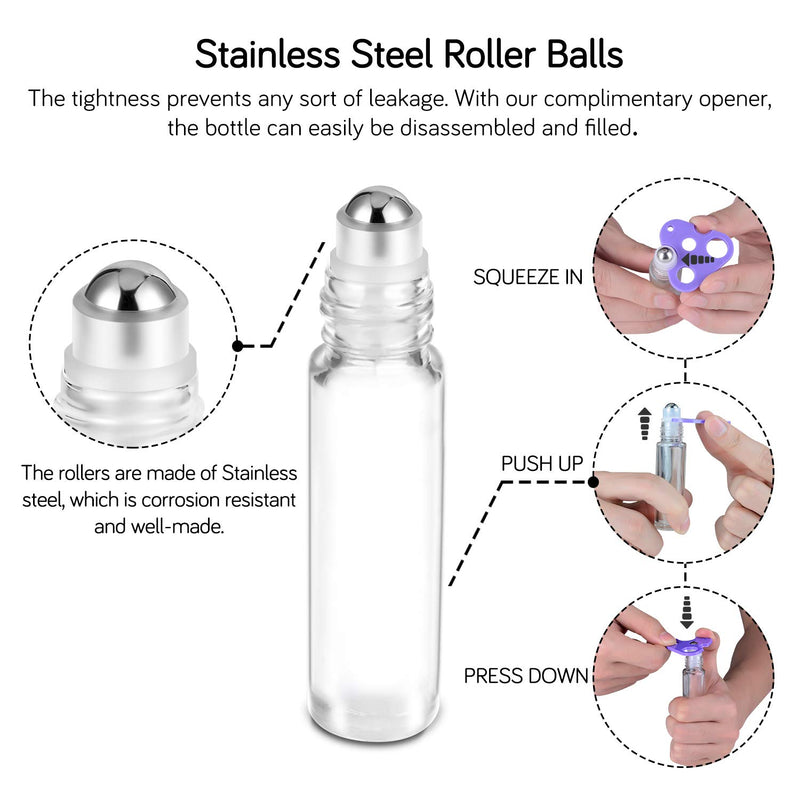 [Australia] - Essential Oil Roller Bottles 10ml ( Clear Glass Bottle with Gold Cap, 12 Pack, 2 Extra Stainless Steel Balls, 24 Labels, Opener, Funnels by PrettyCare) Roller Balls for Oils, Roller on Bottles 12 Pack Gold 