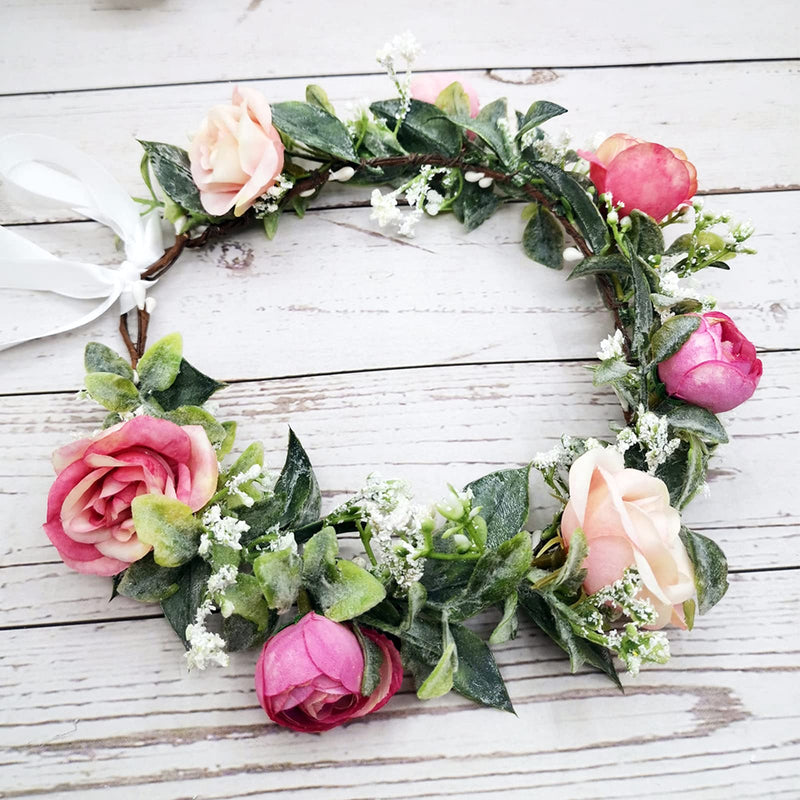 [Australia] - DDazzling Rose Flower Crown Lily Floral Crown Baby Shower Photo Props Wedding Festival Hair Accessories Green Leaf and Fuchsia Flower 