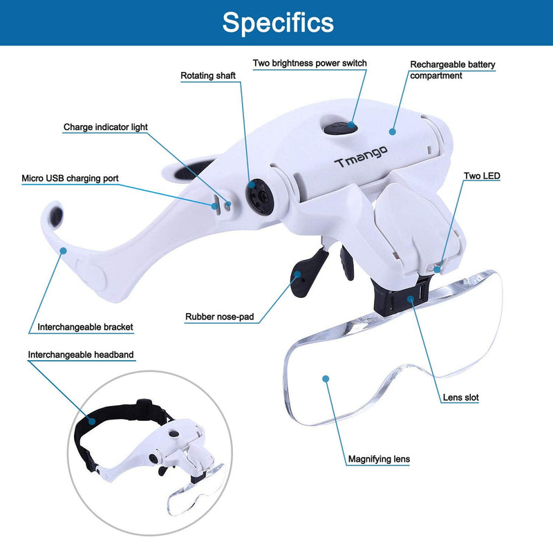 [Australia] - TMANGO Head Mount Magnifier with LED Lights, Rechargeable Headset Magnifying Glasses for Close Up Work, Interchangeable Bracket and Headband for Watch Repair, Jewelry, Arts & Crafts or Reading Aid 