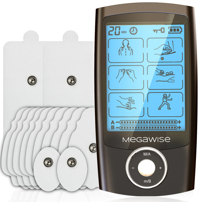 [Australia] - MegaWise 48 Modes（24 * 2） Dual Channel EMS TENS Unit Muscle Stimulator with 14Pcs Reusable Electrode Pads. Rechargeable Continuous Mode Electronic Pulse Massager with Storage Pouch/Pads Holder 