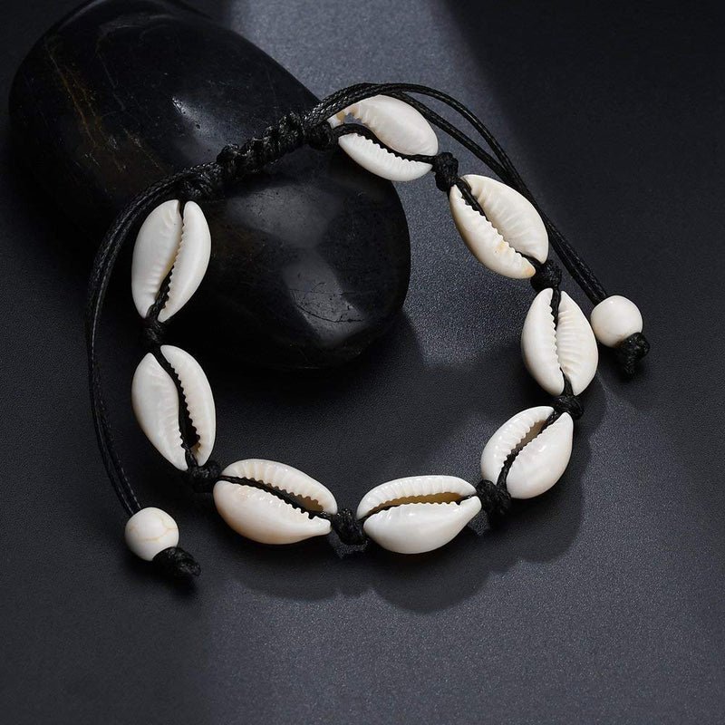 [Australia] - 2 Pieces Handmade Boehmia Natural Cowrie Shell Anklet Seashell Ankle Bracelet Boho Beads Hawaii Foot Jewelry 