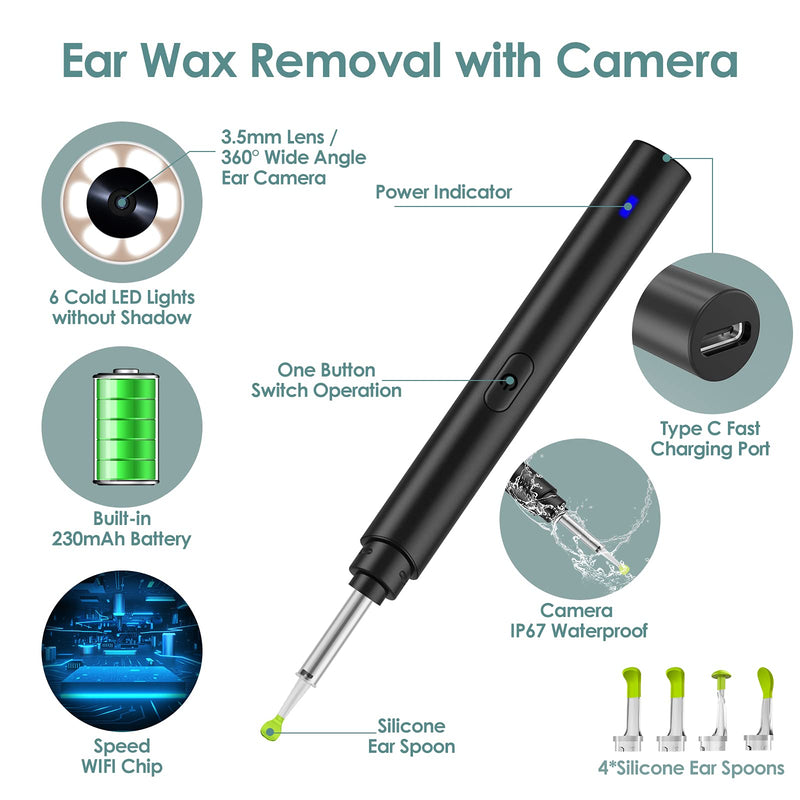 [Australia] - Ear Wax Removal Tool Camera, Smart Visual Ear Cleaner, 1296P FHD Wireless Ear Otoscope with 6 LED Lights, IP67 Waterproof WiFi Ear Cleaning Kit, Ear Camera for iPhone, iPad, Android Smart Phone, Black 