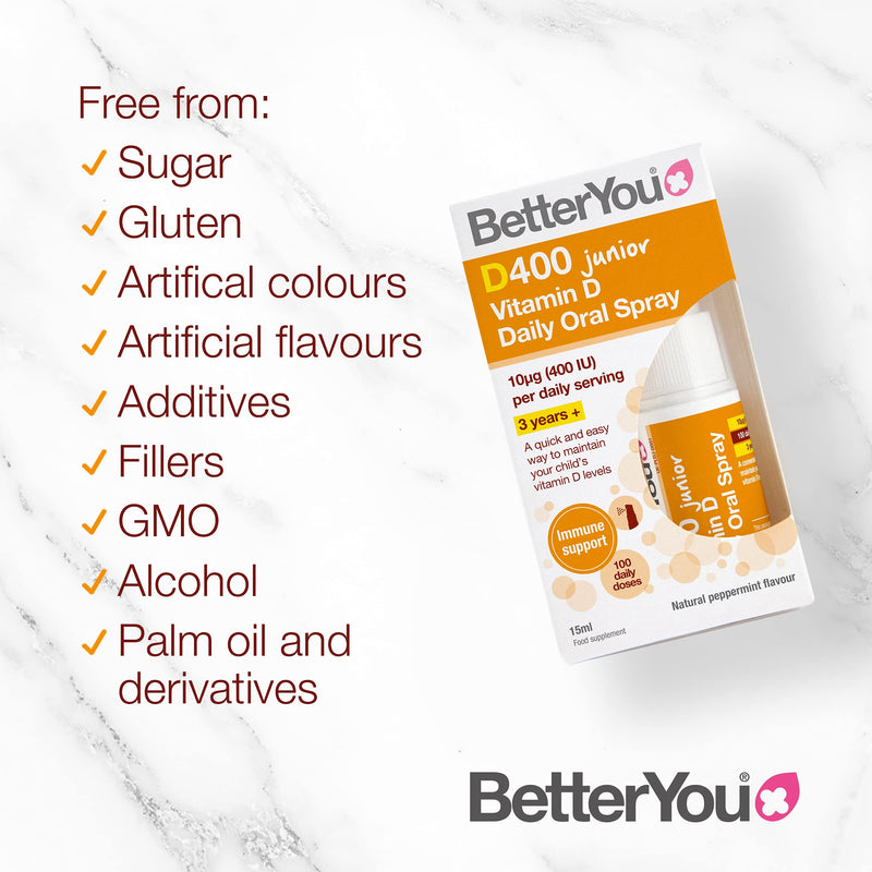 [Australia] - BetterYou Vitamin D 400 IU Junior Daily Oral Spray, Pill-free Vitamin D3 Supplement for Children, 3-month Supply, Made in the UK, Natural Peppermint Flavour 15 ml (Pack of 1) 