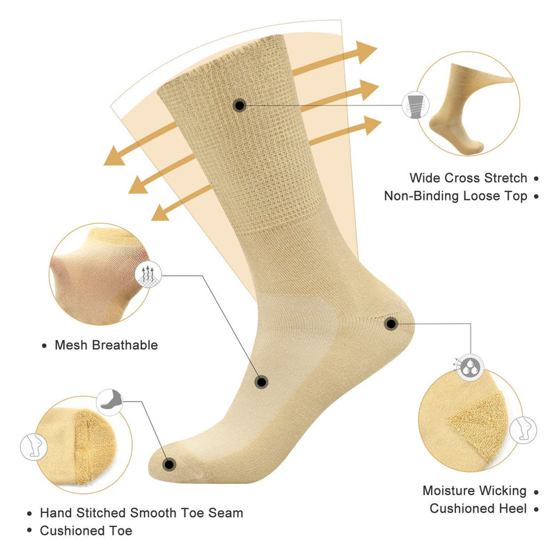[Australia] - Busy Socks Non-Binding Top Diabetic Socks for Men Women, Thin Soft Crew Mid Calf Socks with Seamless Toe X-Large 4 Pairs Beige 