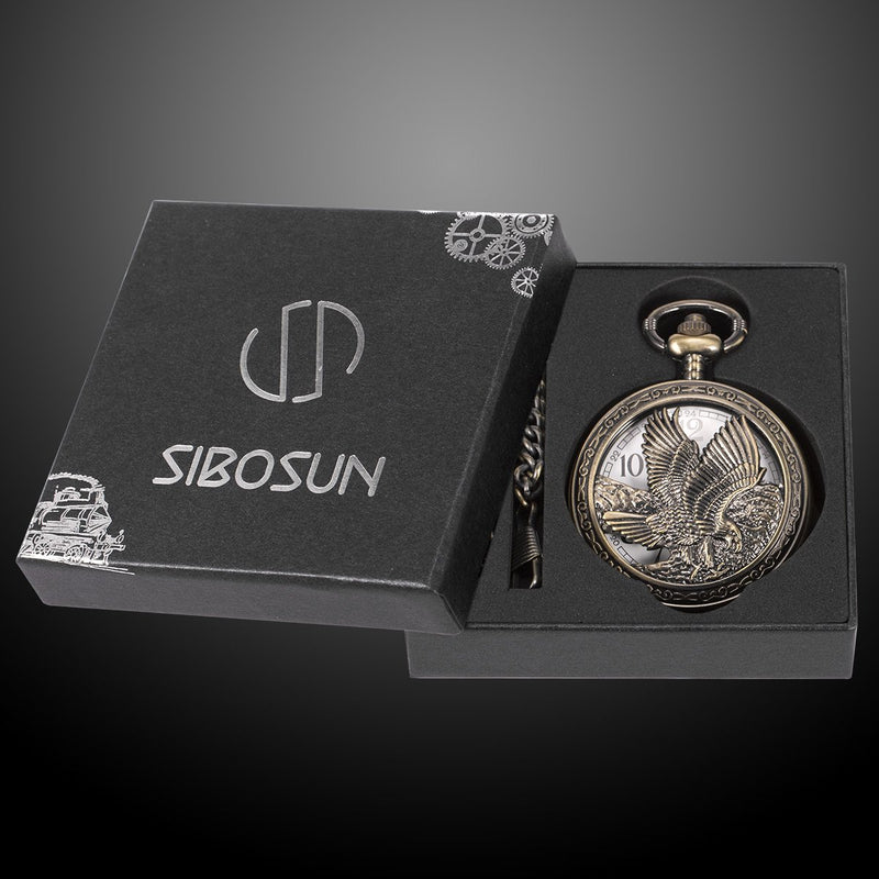 [Australia] - SIBOSUN Pocket Watch Chain Quartz Movement Arabic Numerals Half Hunter Smooth Back Case Bronze Vintage Box 1 Eagle 