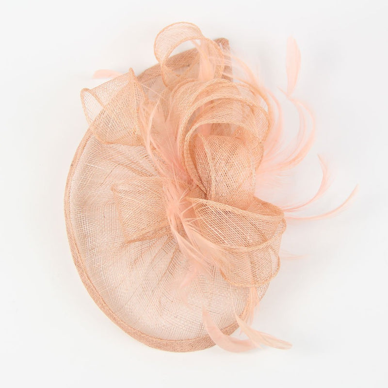 [Australia] - FeiYu Crafts Penny Mesh Hat Fascinator with Mesh Ribbons and Black Feathers Champagne Pink 
