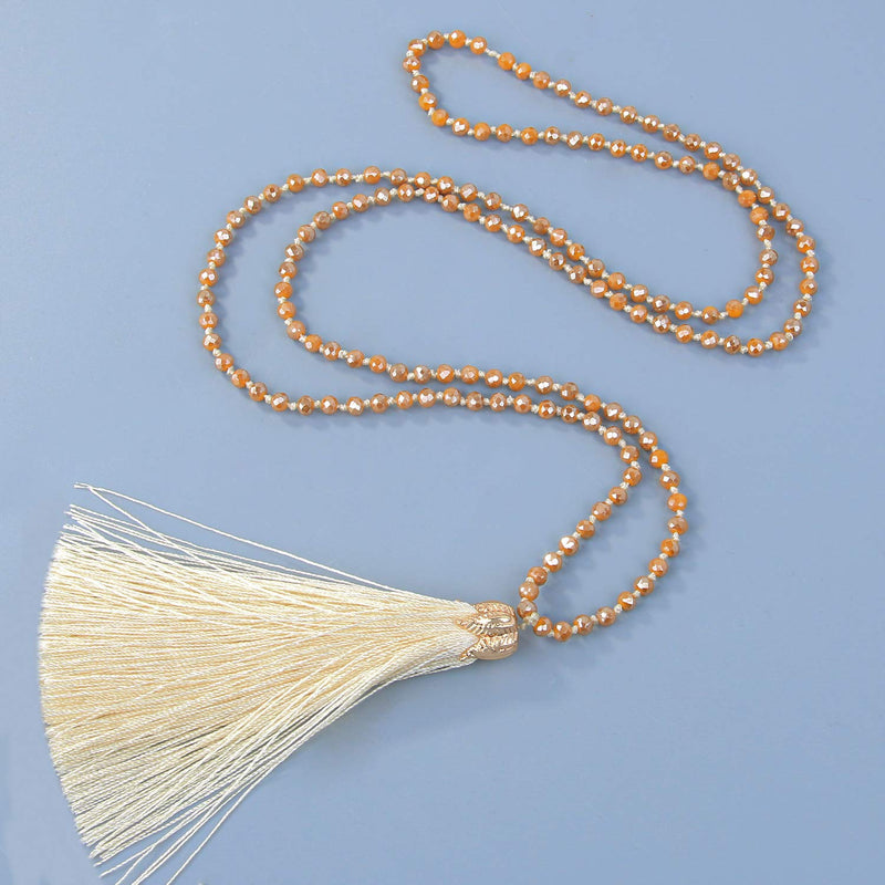 [Australia] - C·QUAN CHI Handmade Crystal Beaded Necklace Women Girls Tassel Pendant Necklace Statement Strand Necklace Gifts Jewelry for Women Gifts for Girls 02-Beige 