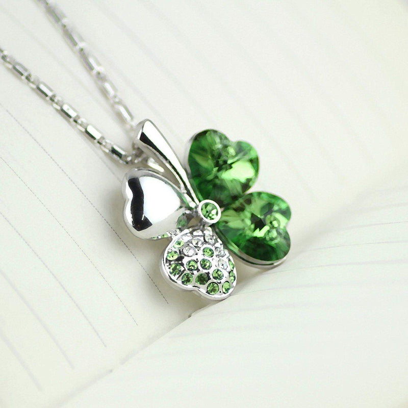 [Australia] - Four Leaf Clover Necklace - Green St.Patrick's Day Shamrock Jewelry - Good Luck - Green Clover Necklace, Earrings, Bracelet, Brooch - Crystals and Rhinestones - Mall of Style Silver Necklace 