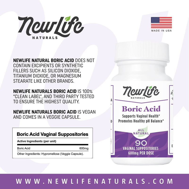 [Australia] - NewLife Naturals - Medical Grade Boric Acid Vaginal Suppositories - 600mg - 100% Pure Womens pH Balance Pills - Yeast Infection, BV - 90 Capsules: Made in USA 90 Count (Pack of 1) 