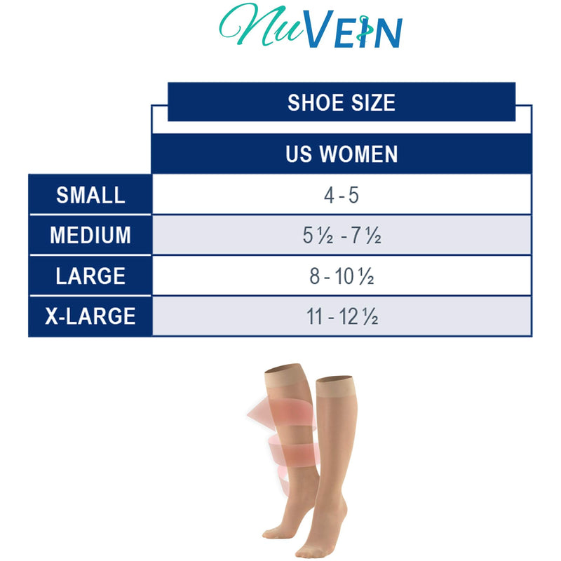 [Australia] - NuVein Sheer Compression Stockings for Women, 8-15 mmHg Support, Light Denier, Knee High, Closed Toe Beige Large 