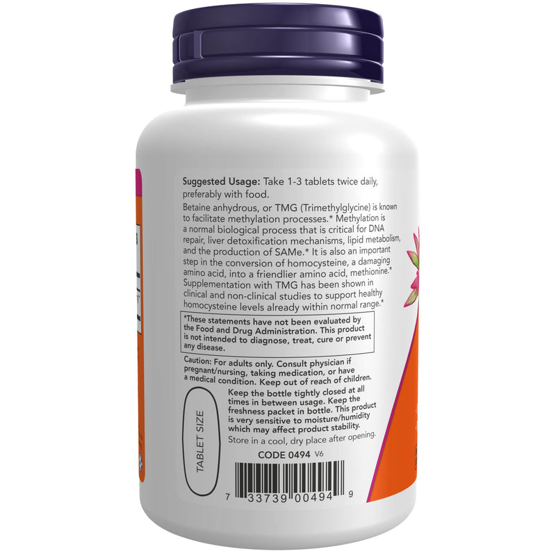 [Australia] - NOW Supplements, TMG Betaine (Trimethylglycine) 1,000 mg, Liver Support*, 100 Tablets 