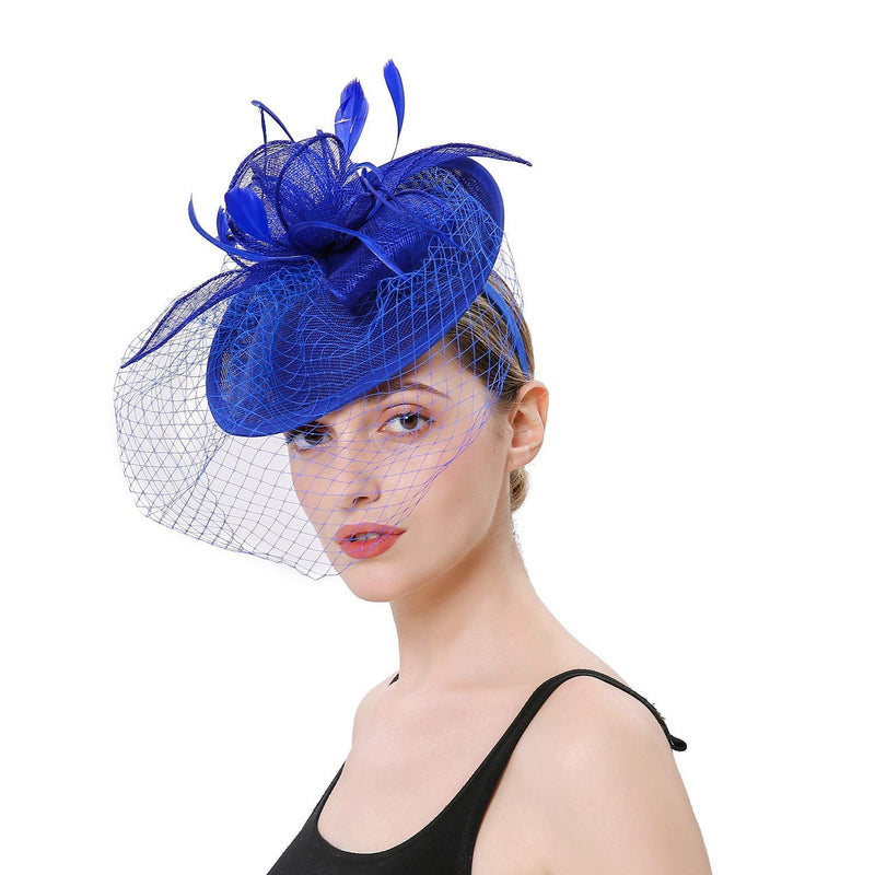 [Australia] - Hilary Ella Flax Net Face Veil Feather Fascinator for Women Cocktail Tea Party Derby Wedding Fascinators Hat Deep Blue 